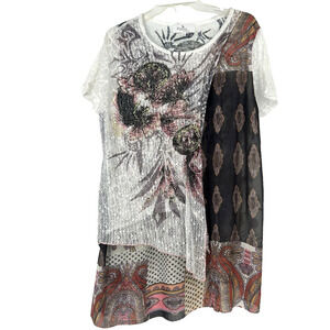 Palila Boho Layered Tunic Top White Mixed Media Mixed Pattern Mesh Sequins XXL